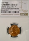 1987 Jefferson 5c Struck Over Lincoln Cent 6c Double Denomination Pcgs Ms 65 Rb