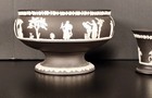 Wedgwood Black Jasperware Pedestal Centerpiece Bowl   Vase White Relief England