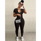 Womens Summer Fashion Short Sleeve Bodycon Jumpsuit One Piece Zip Up Romper