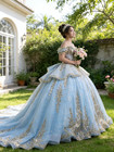 Luxury Gold Applique Quinceanera Dresses With Bow Layered Gitter Tulle Ball Gown