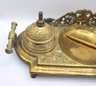 Antique 1920 s Ornate Solid Brass  Double Ink Well Beautiful Attached Brass Pen