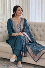 3 Pcs Blue Rayon Cotton Embroidered Work Kurta Pant Dupatta Set For Women Gift