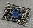 Vtg Art Deco Czech Blue Glass Crystal Filigree Silver Tone Pot Metal Brooch  Pin
