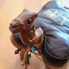 Vintage Hand Carved Wood Camel Saddle Stool Brown Leather Ottoman Footrest 18in
