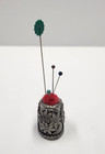 Vtg Signed Nicholas Gish Floral Panel Pewter Thimble W  Red Pincushion Top