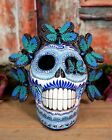 Day Of The Dead Sugar Skull Blue Green Butterflies Handmade Clay Mexico Folk Art
