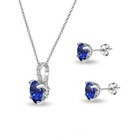 Oval Created Blue Sapphire   White Topaz Necklace   Earrings Set In 925 Silver