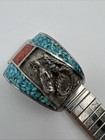 Watch Band Horse Turquoise Coral Inlay Tips Stretch Southwest Nava Twist Men   s