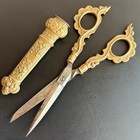 Antique German Victorian Brass Desk Sewing Scissors Ornate Sheath Renaissance 7   