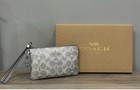 Coach Boxed Corner Zip Wristlet Sig  Canvas Gray With Silver Hardware And Charms