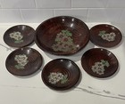 Handcrafted Painted Floral Decorative Bowl And Plates Plastic Mahogany Set Of 6