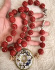 Vintage Chinese Cinnabar Lacquer Cloisonne Enamel 30   Bead Necklace