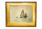 Large Antique Victorian Maritime Watercolor Painting Fishing Sailboat Ocean