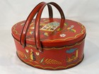 Vintage Pennsylvania Dutch Folk Art Double Swing Handle Oval Sewing Tin