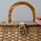Vintage Handmade Woven Basket Purse Bag Amber Lucite Handle Hong Kong 