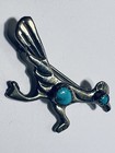 Navajo Vintage Roadrunner 2 Turquoise Stones Sterling Silver Pin