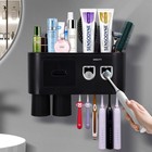 Wall Mounted Toothbrush Holder Automatic Toothpaste Dispenser Black 2 Cups 2