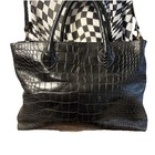 Furla Croc Embossed Black Leather Tote Handbag Double Handle Italy Quiet Luxury