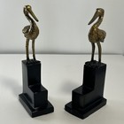 Vintage Solid Brass Heron Crane Bookends Pair Black Base Mid Century Modern