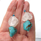 Sterling Silver Rock Crystal   Turquoise Nugget Large Dangle Pierced Earrings