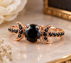 Gothic Triple Moon Phase Ring Black Gemstone Rose Gold Plated Witchy Jewelry