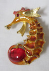 Vintage Gold Tone Lind Gal Lg Enamel   Faux Red Cabochon Stone Seahorse Brooch
