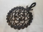 Vintage 1950s  tulip  Black Cast Iron Trivet Footed W hearts Pattern 6x9 25 