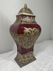 Large Chinoiserie Style Lidded Urn Vase     Oriental Accent    burgundy   Gold     16   