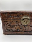 Vintage Asian Elaborately Carved Wood Tea Chest Jewelry Box Brass Hinges   Lock