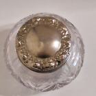Antique Cut Glass Crystal Vanity Dresser Powder Trinket Jar Repousse Metal Lid