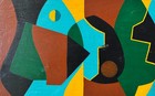 Vintage Abstract Shapes Painting Wood Panel Mid Century Art Modernism Mcm