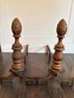 Antique Fireplace Tool Set   Andirons W  Log Holders Brass Acorn Finials