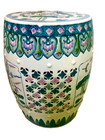 Chinese Ceramic Porcelain Garden Stool Pink Blue Green Lotus Motif Lily Pad Bird