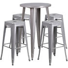 24   Round Silver Metal Indoor-outdoor Restaurant Bar Table Set W 4 Barstools
