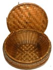 Ikebana Bamboo Basket Weave Rattan Round W  Flat Lid Asian Vintage