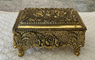 Vintage Sankyo Musical Jewelry Trinket Box   Gold Tone  Roses Raised Decor Japan