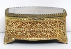Vintage Brass And Glass Jewelry Casket Music Box  Ornate Filigree