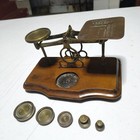 Antique English Victorian Wood Brass Postal Balance Scale With 5 Brass Weights