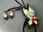 Tims Southwestern Zuni Style Multistone Eagle Inlay Sterling Silver Bolo Tie 4  