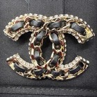 Authentic 2019p Chanel Cc Logo Pin Large Brooch Gold Black Leather New In Box
