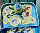 Madeline Tea Set - Metal   Tin  Spare Pieces 3 Cups Saucer Tea Pot  Spoons Read 