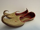 Vintage Handmade Gold   Red Mughal Leather Shoes Curl Toe Jutti Slippers