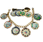 Vintage Book Chain Charm Bracelet   Spoon Brooch Dangling Enamel Tin Plates