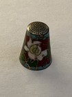 Vintage Cloisonne Enameled Thimble Green Blue Enamel Floral Burgundy Brass