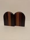 Vintage Mcm Solid Wood With Inlay Curved Bookends - A Pair With Brass Details