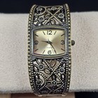 Women s Quartz Cuff Wristwatch Brass Tone Ornate Filigree Flowers Hinged Bangle