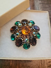 Vintage 1950s 1960s Chocolate Mint Rhinestone Brooch Gold Tone Starburst Pin