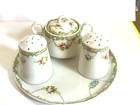 Antique Nippon 4 Piece Condiment Set  Pink   Blue Flowers - Tray Mustard Shakers