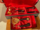 Vintage Mid Century Copper Ice Bucket Glass Liner   5pc Gold Bar Tool Set Box