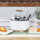Northlight 10  White Oval Embossed Utensil Caddy With Handle And Wood Base